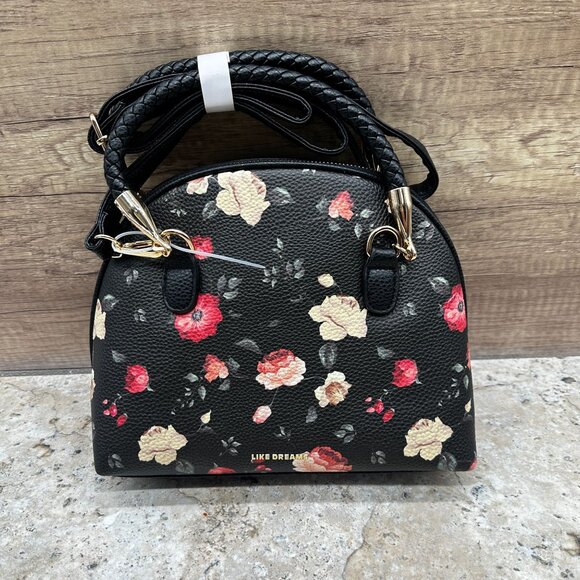 Like Dreams Black Floral Crossbody Handbag Purse Faux Leather Bow Accent New - Picture 2 of 11